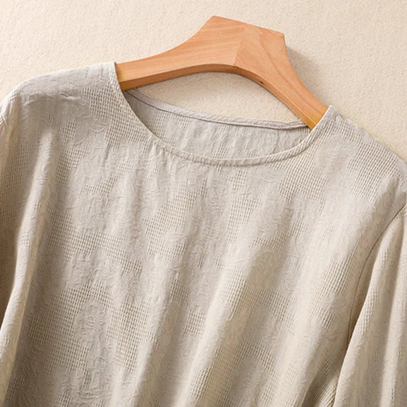Buddha Stones Jacquard Irregular Hem Pleated Design Women's Cotton Long Sleeve Shirt
