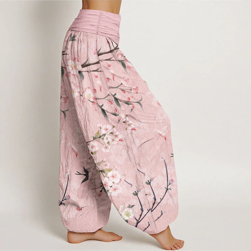 Buddha Stones Cotton Peach Blossoms Flying Geese Pattern Women's Elastic Waist Harem Pants