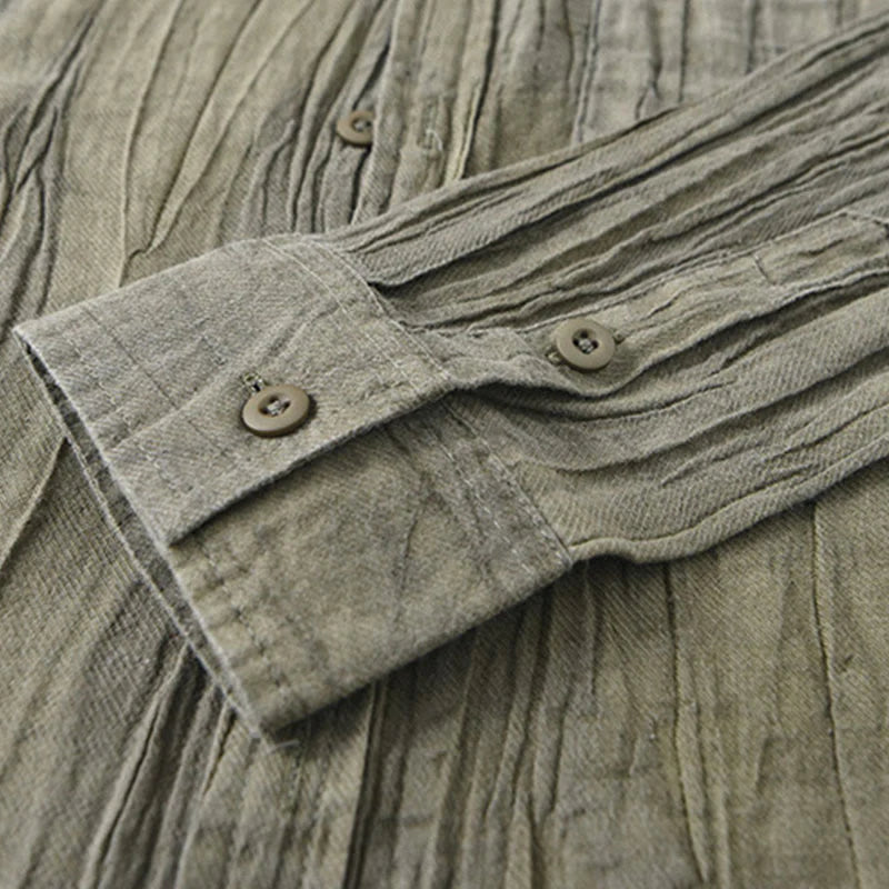 Buddha Stones Solid Long Sleeve Creases Design Buttons Down Ramie Linen Men's Shirts