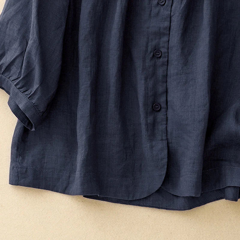 Buddha Stones Plain Button Crew Neck Design Women's Blend Three Quarter Sleeve Shirt