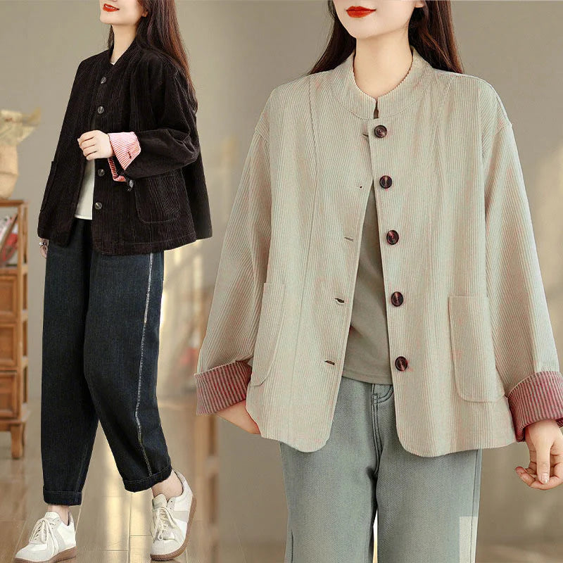 Buddha Stones Buttons Design Corduroy Long Sleeve Women's Jacket With Pockets