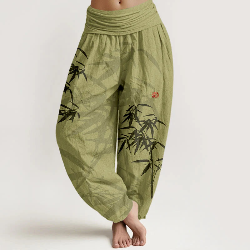 Buddha Stones Print Pure Cotton Bamboo Leaves Pattern Women's Elastic Waist Harem Pants