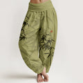 Buddha Stones Print Pure Cotton Bamboo Leaves Pattern Women's Elastic Waist Harem Pants