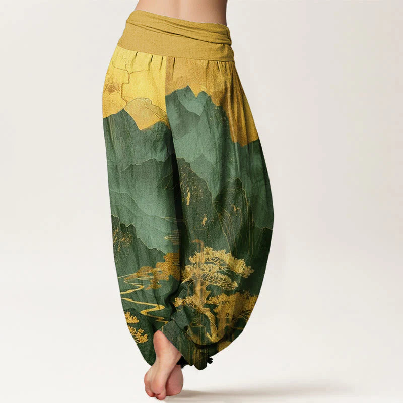 Buddha Stones Cotton Casual Mountains Trees Branches Pattern Women's Elastic Waist Harem Pants