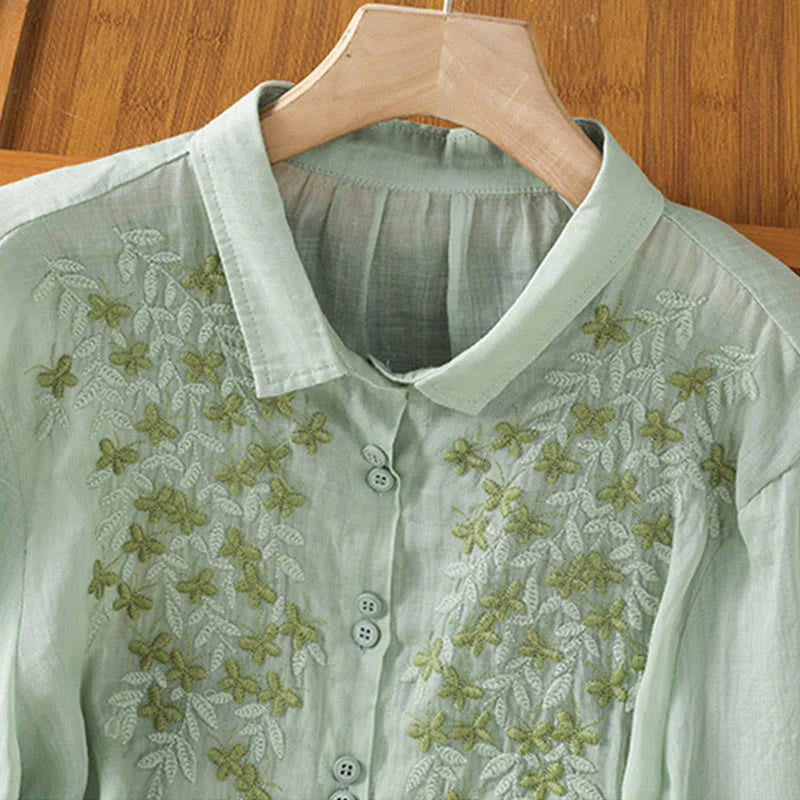 Buddha Stones Casual Plant Embroidery Stand Collar Women's Cotton Blend Three Quarter Sleeve Shirt