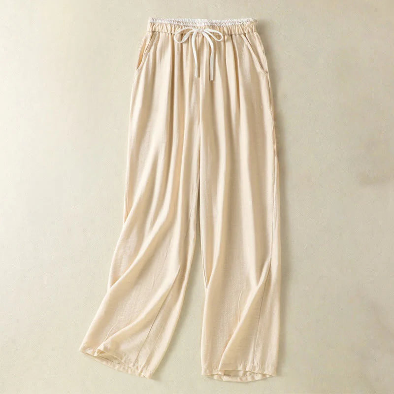 Buddha Stones Vintage Casual Pure Color Drawstring Ankle-Length Women's Cotton Linen Pants With Pockets