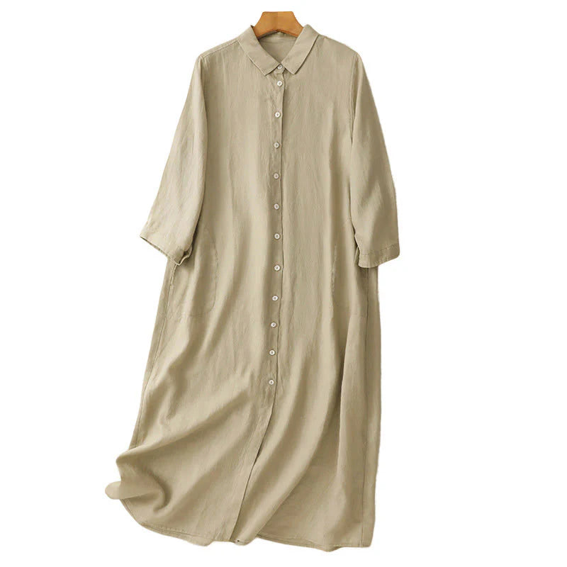 Buddha Stones Fall Commute Plain Buttons Design Long Sleeve Cotton Midi Dress With Pockets