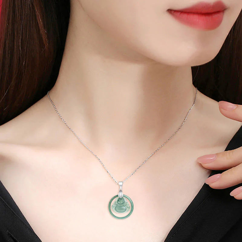 Buddha Stones Natural Jade Round Laughing Buddha Abundance Titanium Steel Chain Necklace Pendant