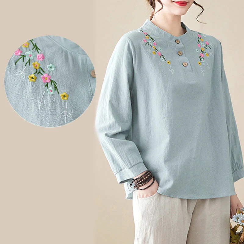 Buddha Stones Women's Spring Embroidered Flower Pattern Stand Collar Long Sleeve Cotton Shirt