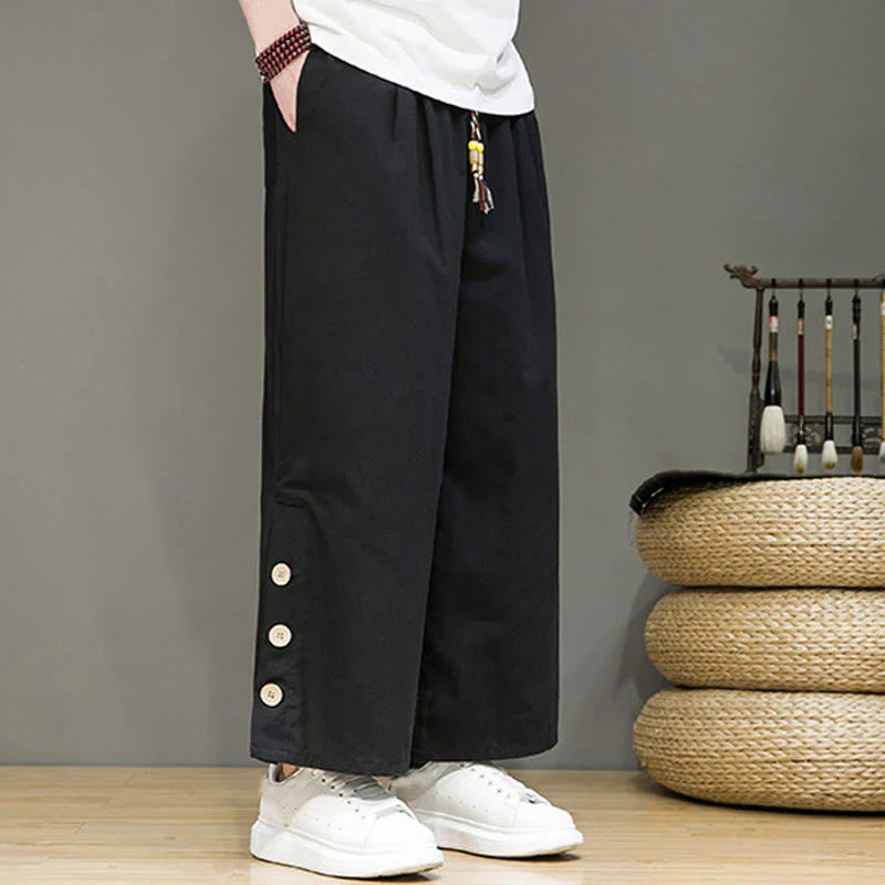Buddha Stones Solid Color Linen Buttons Drawstring Men's Straight Leg Pants With Pockets