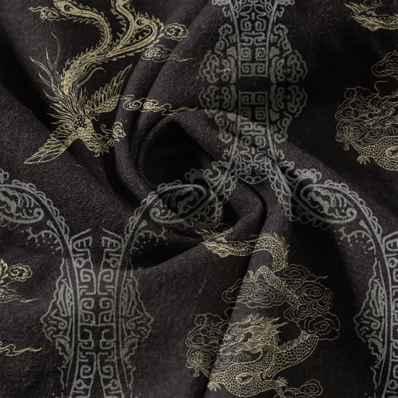 Buddha Stones Cotton Dragon Phoenix Emblem Men's Short Sleeve Half Button Shirt