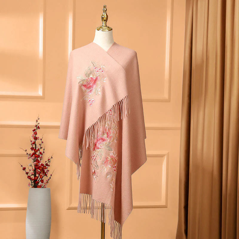 Buddha Stones Wool Shawl Red Flower Leaves Embroidery Tassel Winter Cozy Travel Scarf Wrap