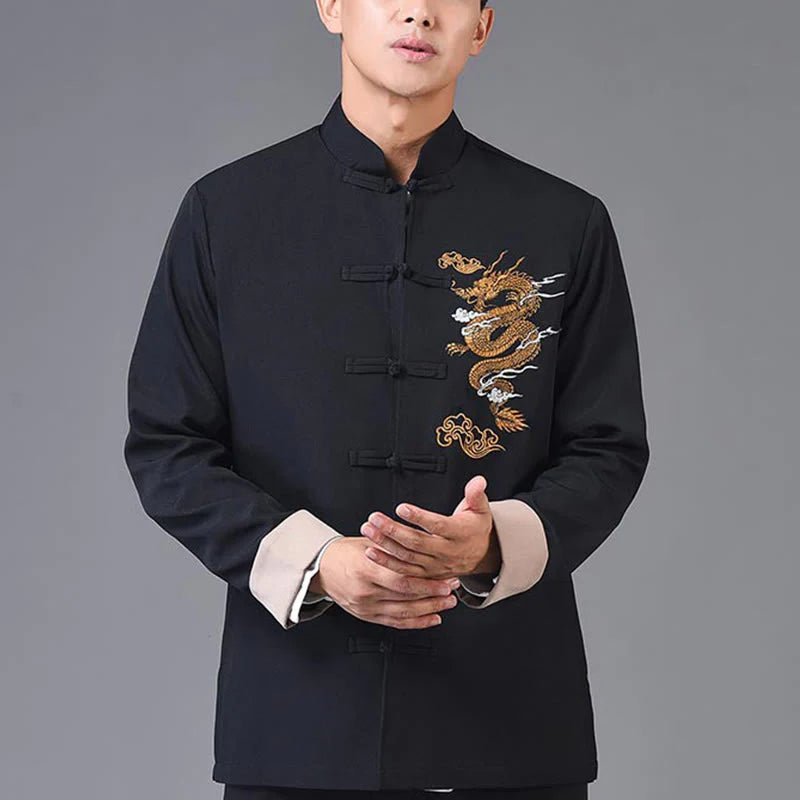Buddha Stones Embroidery Dragon Frog-Button Desgin Long Sleeve Men's Jacket