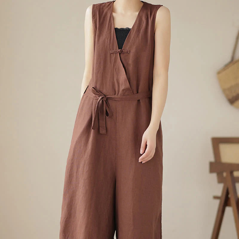 Buddha Stones Casual Lace-Up Simple Sleeveless Design Women's Cotton Linen Jumpsuit With Pockets