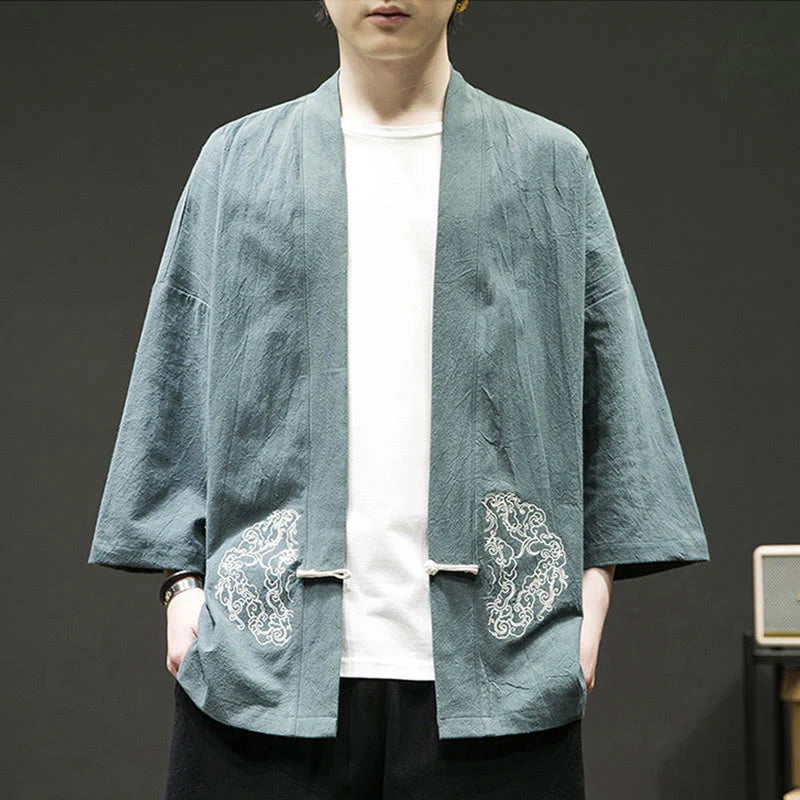 Buddha Stones Solid Auspicious Clouds Open Front Long Sleeve Jacket Men's Cotton Kimono