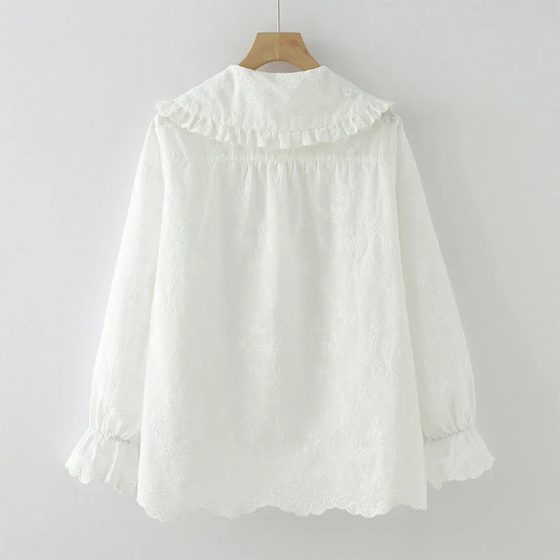 Buddha Stones Fall White Floral Embroidery Peter Pan Collar Buttons Women's Cotton Long Sleeve Shirt