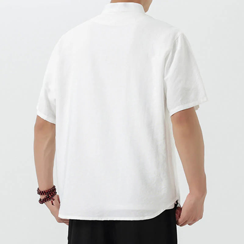 Buddha Stones Embroidery Buttons Half Sleeve Design Stand Collar Men's Cotton Shirt