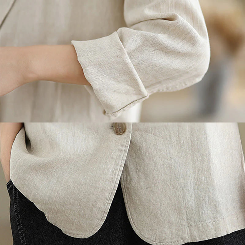 Buddha Stones Spring Solid Color Long Sleeve Cotton Linen Women's Jacket With Pockets