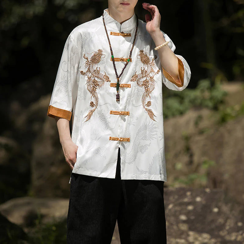 Buddha Stones Embroidered Dragon Pattern Colorblock Design Tang Suit Men's Frog-Button Half Sleeve Shirt