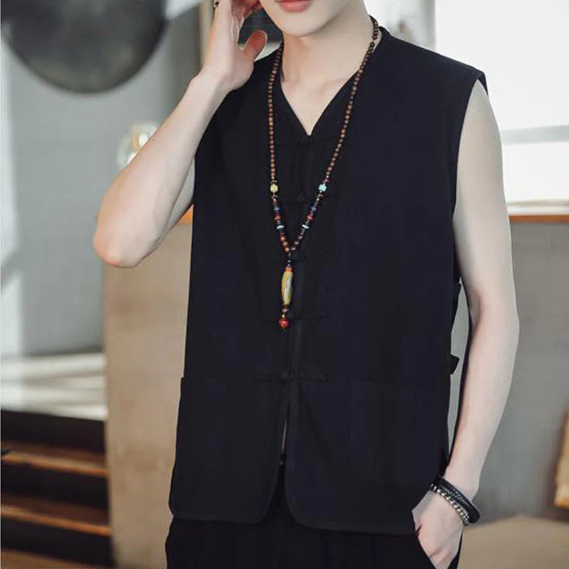 Buddha Stones Casual Chinese Frog-Button Men's Cotton Vest Waistcoat With Pockets