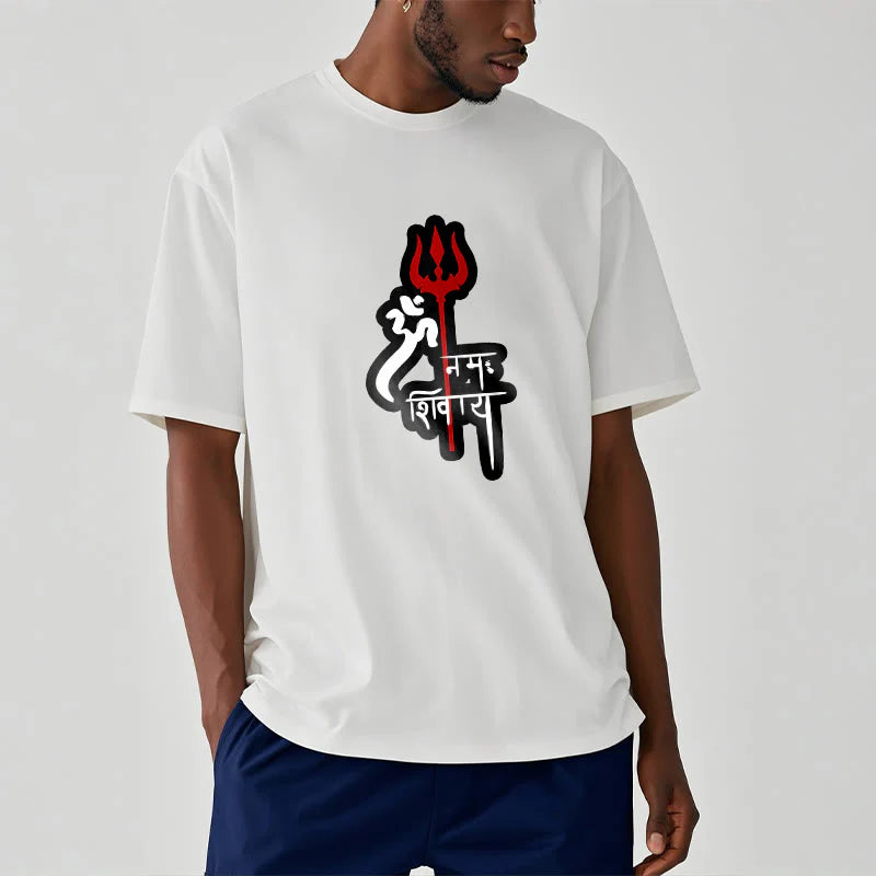 Buddha Stones OM NAMAH SHIVAYA Red Trident Profile Cotton Tee T-shirt