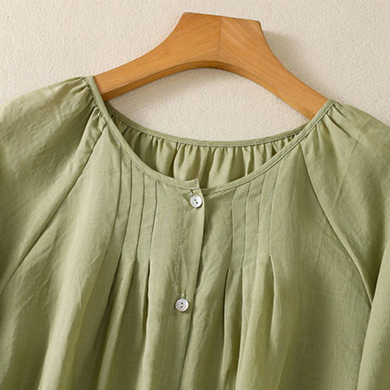 Buddha Stones Plain Button Crew Neck Three Quarter Sleeve Women's Cotton Shirt