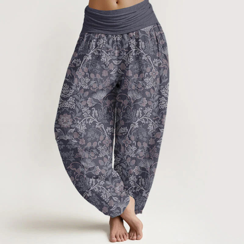 Buddha Stones Pure Cotton Casual Flower Vine Leaves Pattern Women's Elastic Waist Harem Pants