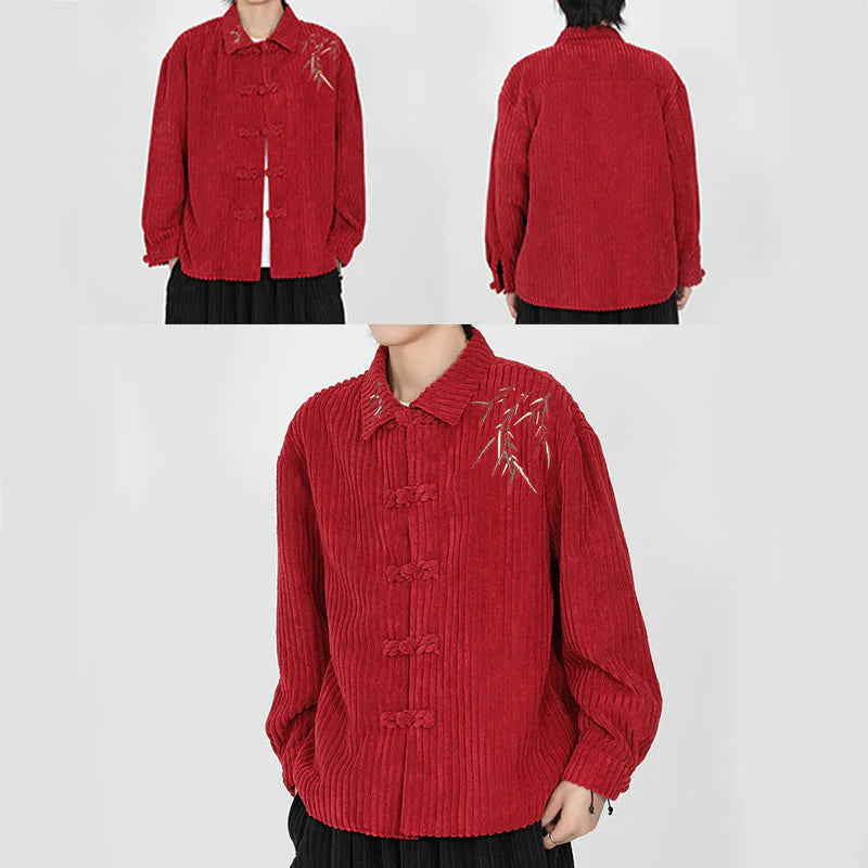 Buddha Stones Embroidery Bamboo Pattern Frog-Button Desgin Long Sleeve Men's Cotton Corduroy Jacket