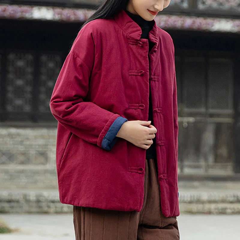 Buddha Stones Winter Solid Frog-Button Long Sleeve Cotton Women's Thermal Jacket With Pockets