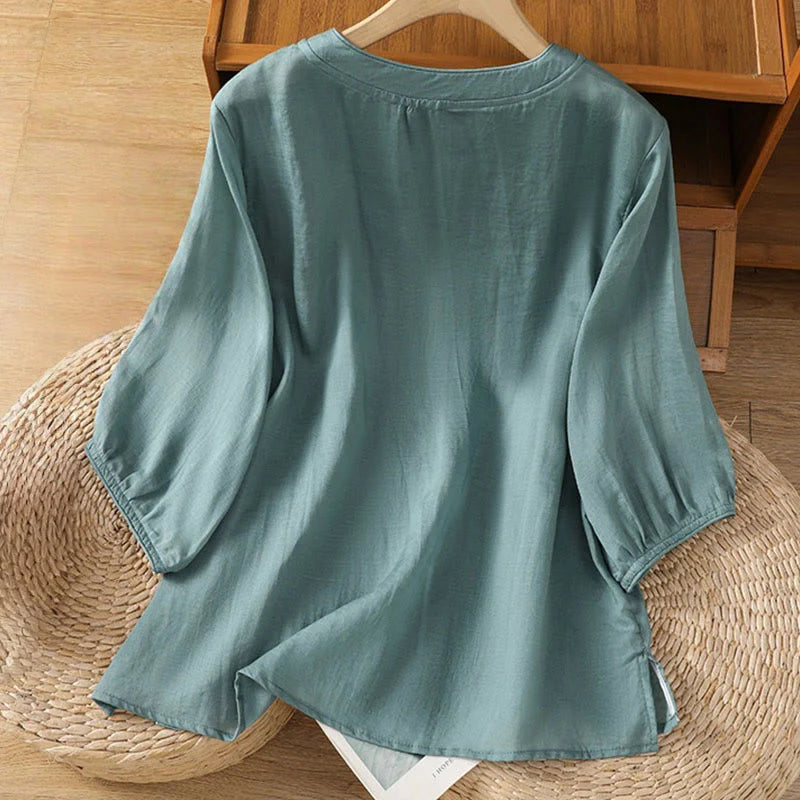 Buddha Stones Casual Embroidery Frog-Button Cotton Polyester Half Sleeve Women's Stand Collar Shirt