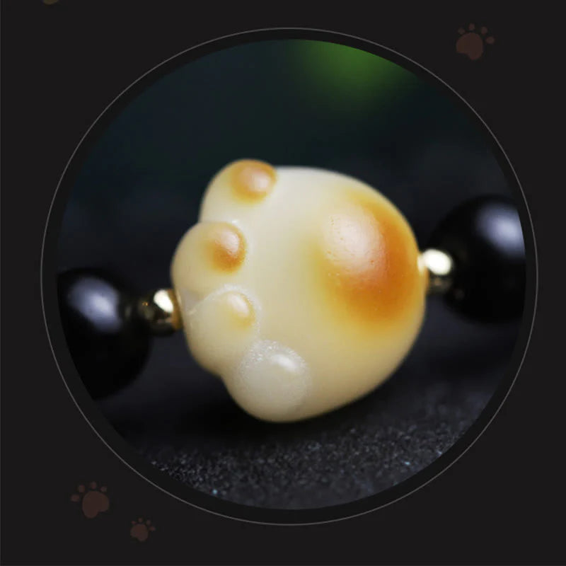Buddha Stones Black Obsidian Cat Paw Bodhi Seed Lucky Fortune Charm Purification Bracelet
