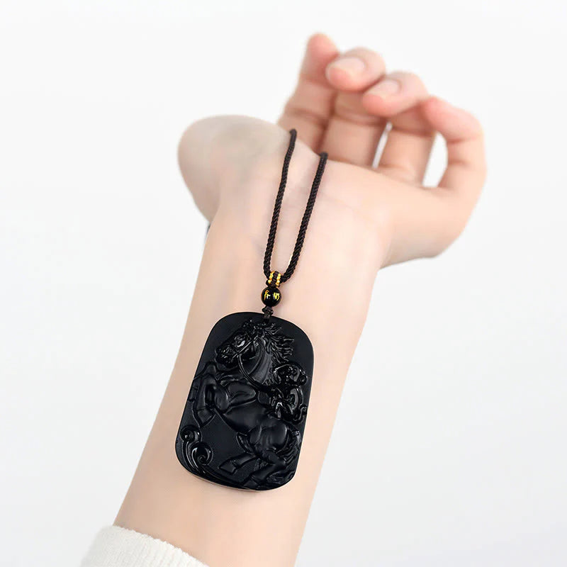 Buddha Stones Year of the Horse Natural Black Obsidian Strength Necklace Pendant