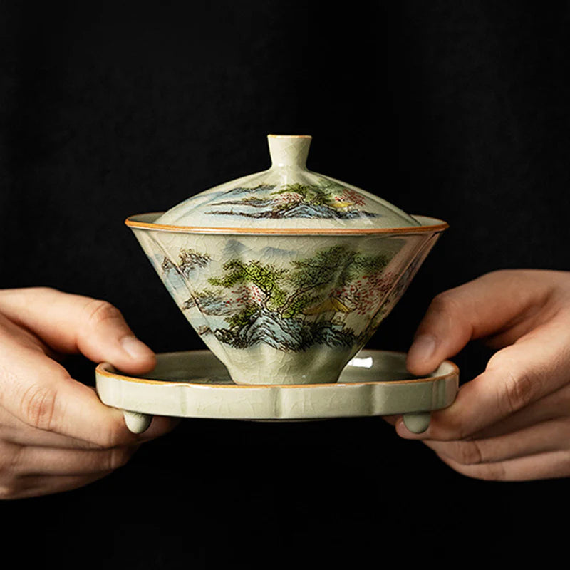 Buddha Stones Pine Mountain Forest Landscape Ceramic Gaiwan Sancai Teacup Kung Fu Tea Cup And Saucer With Lid (Extra 35% Off | USE CODE: FS35)