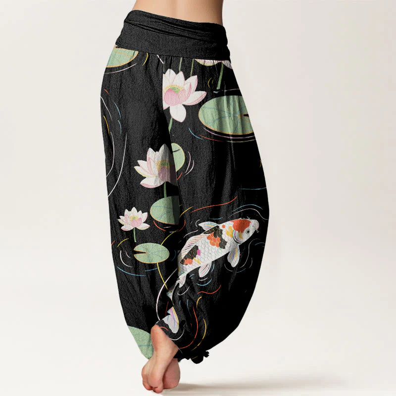Buddha Stones Cotton Lotus Flower Lotus Leaves Koi Fish Water Ripples Pattern Women's Elastic Waist Harem Pants