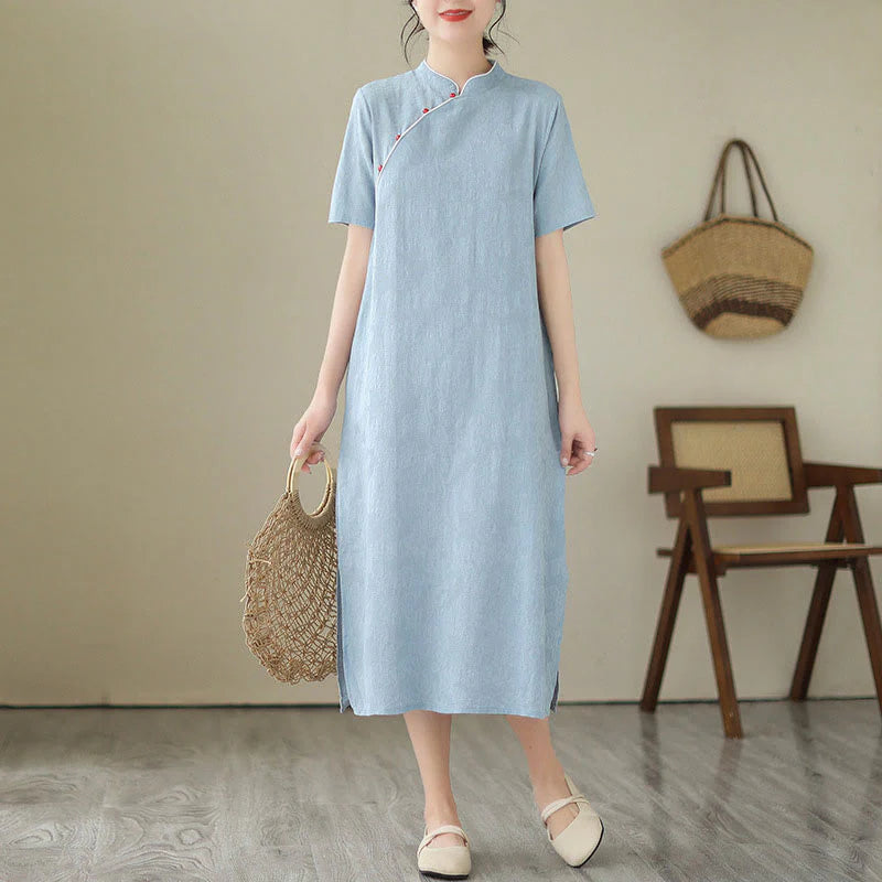 Buddha Stones Pure Color Short Sleeve Jacquard Chinese Cheongsam Qipao Midi Dress With Pockets