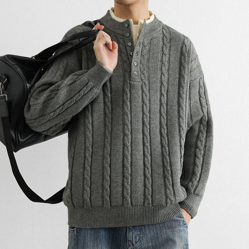 Buddha Stones Winter V-Neck Buttons Twisted Design Warm Men's Long Sleeve Knitted Sweater