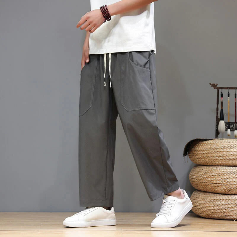 Buddha Stones Summer Solid Color Drawstring Straight Leg 7-8 Length Men's Pants With Pockets