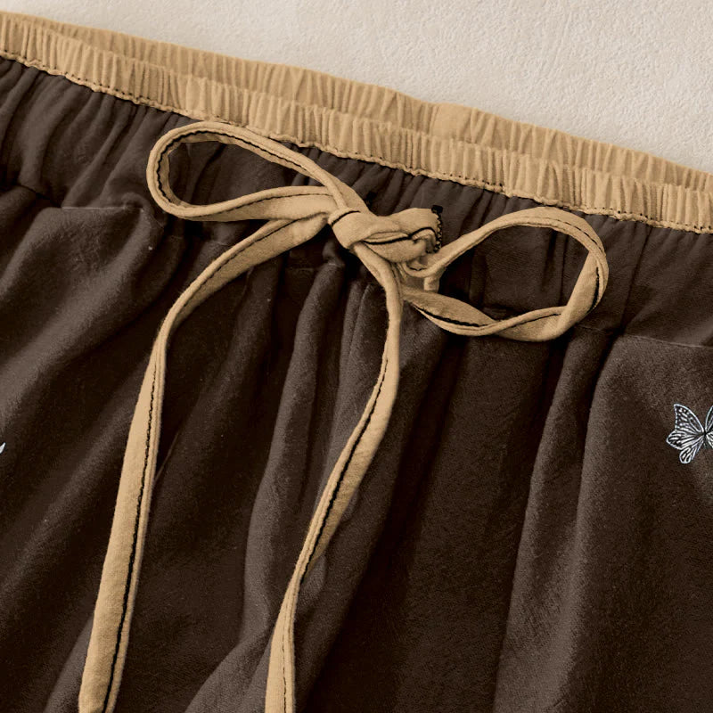Buddha Stones Pure Cotton Flower Petal Pattern Women's Elastic Waist Pants With Pockets