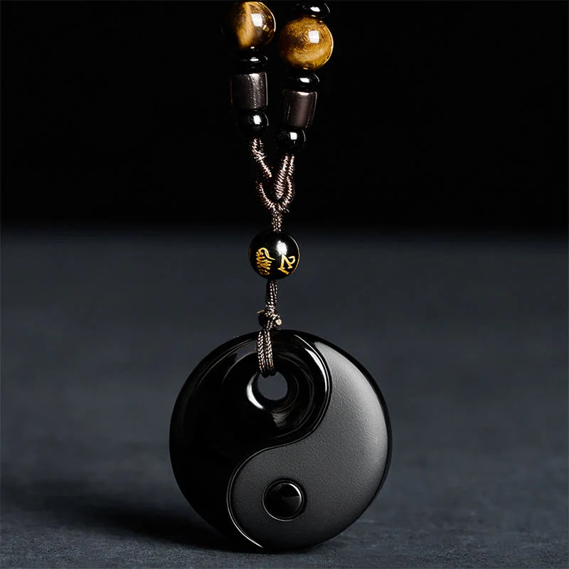 Buddha Stones Yin Yang Symbol Om Mani Padme Hum Black Obsidian Strength Necklace Pendant