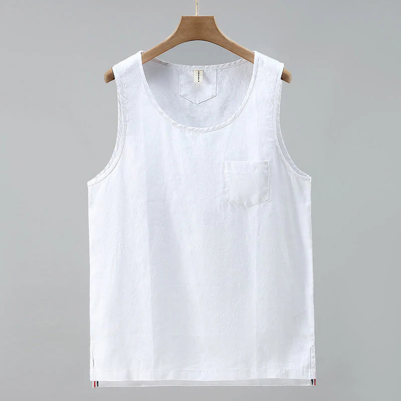 Buddha Stones Summer Solid Color Side Slit Design Sleeveless Men's Linen Vest