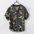 Buddha Stones Cotton Koi Fish Lotus Pattern Men's Short Sleeve Half Button Shirt