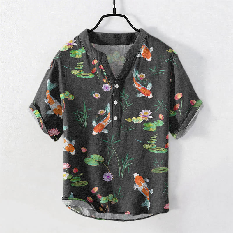 Buddha Stones Cotton Koi Fish Lotus Pattern Men's Short Sleeve Half Button Shirt
