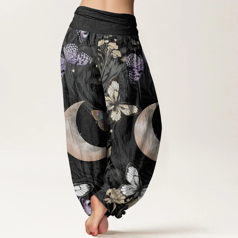Buddha Stones Cotton Butterfly Flowers Crescent Moon Pattern Design Women's Elastic Waist Harem Pants
