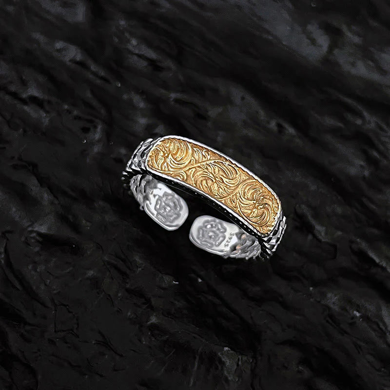Buddha Stones Tang Dynasty Flower Design Engraved Copper Luck Cuff Bracelet Bangle Adjustable Ring