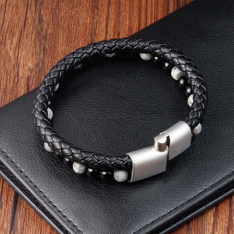 Buddha Stones Black Onyx Grey Jasper Titanium Steel Stability Leather Bracelet