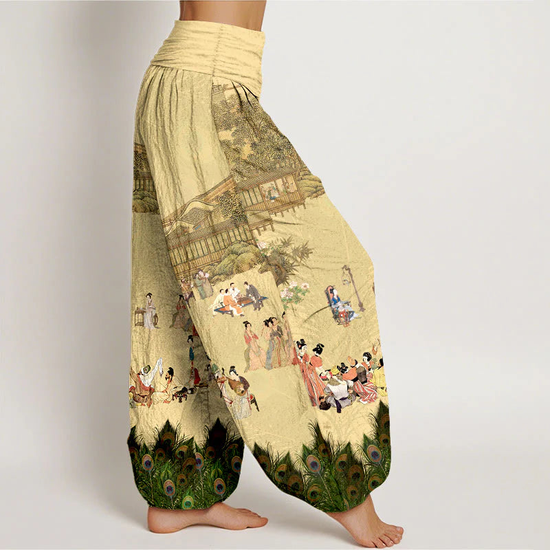 Buddha Stones Pure Cotton Softly Colored People Buildings Peacock Feathers Trees Flowers Rocks Pattern Women's Elastic Waist Harem Pants