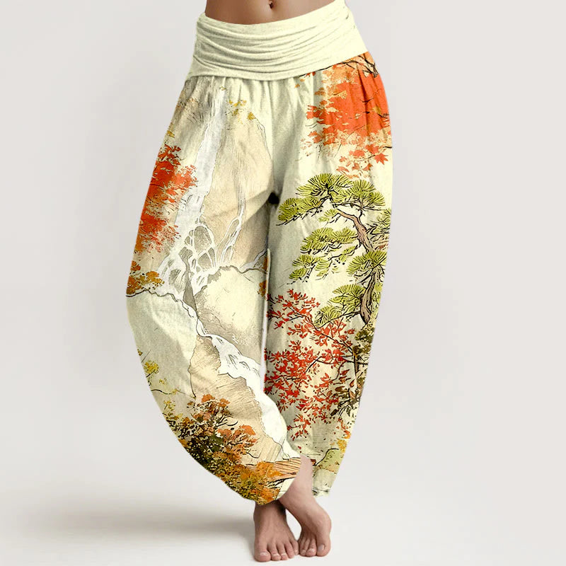 Buddha Stones Pure Cotton Color Coordinated Landscape Tree Pattern Women's Elastic Waist Harem Pants