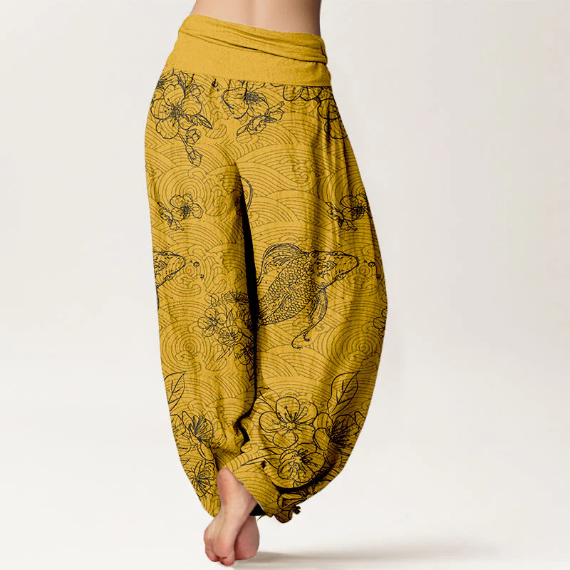 Buddha Stones Pure Cotton Exquisite Koi Fish Flowers Patterns Women's Elastic Waist Harem Pants