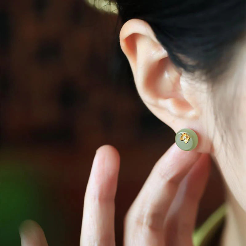 Buddha Stones Cyan Jade 925 Sterling Silver Flower Harmony Earrings