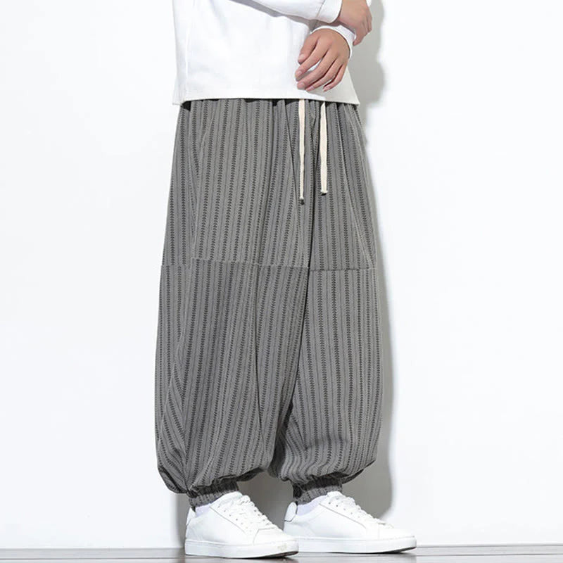 Buddha Stones Fall Striped Pattern Drawstring Men's Harem Corduroy Pants With Pockets